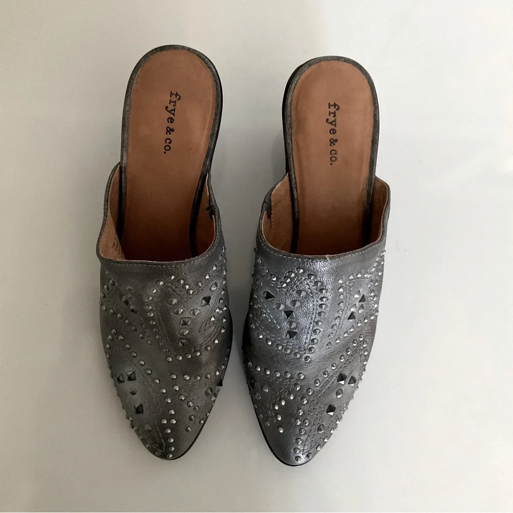 Frye  EUC Phoenix Distressed Leather Studded Mules. Size 10. - Picture 2 of 6
